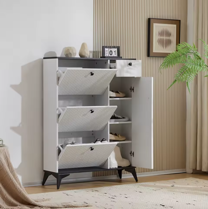 3-Laags Schoenenkast met 3 Kleppen, Lade en Deur – Houten Schoenenrek Wit/Zwart