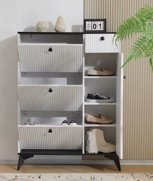 3-Laags Schoenenkast met 3 Kleppen, Lade en Deur – Houten Schoenenrek Wit/Zwart