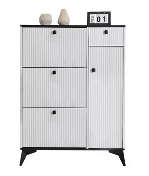 3-Laags Schoenenkast met 3 Kleppen, Lade en Deur – Houten Schoenenrek Wit/Zwart