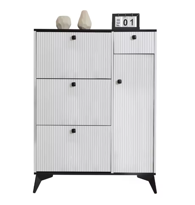 3-Laags Schoenenkast met 3 Kleppen, Lade en Deur – Houten Schoenenrek Wit/Zwart