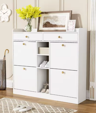 Moderne Schoenenkast 110×26×100 cm – Met 4 Deuren, 2 Lades en 3 Open Vakken