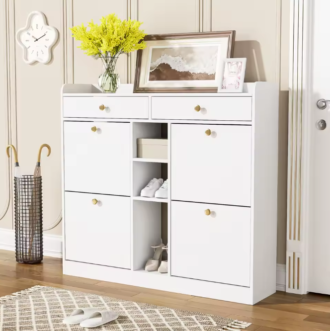 Moderne Schoenenkast 110×26×100 cm – Met 4 Deuren, 2 Lades en 3 Open Vakken