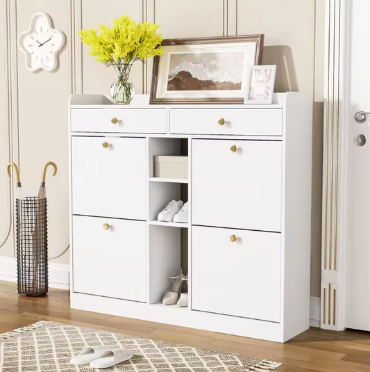 Moderne Schoenenkast 110×26×100 cm – Met 4 Deuren, 2 Lades en 3 Open Vakken