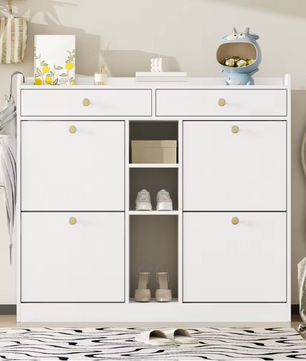 Moderne Schoenenkast 110×26×100 cm – Met 4 Deuren, 2 Lades en 3 Open Vakken