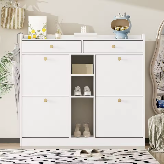 Moderne Schoenenkast 110×26×100 cm – Met 4 Deuren, 2 Lades en 3 Open Vakken