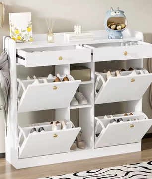 Moderne Schoenenkast 110×26×100 cm – Met 4 Deuren, 2 Lades en 3 Open Vakken