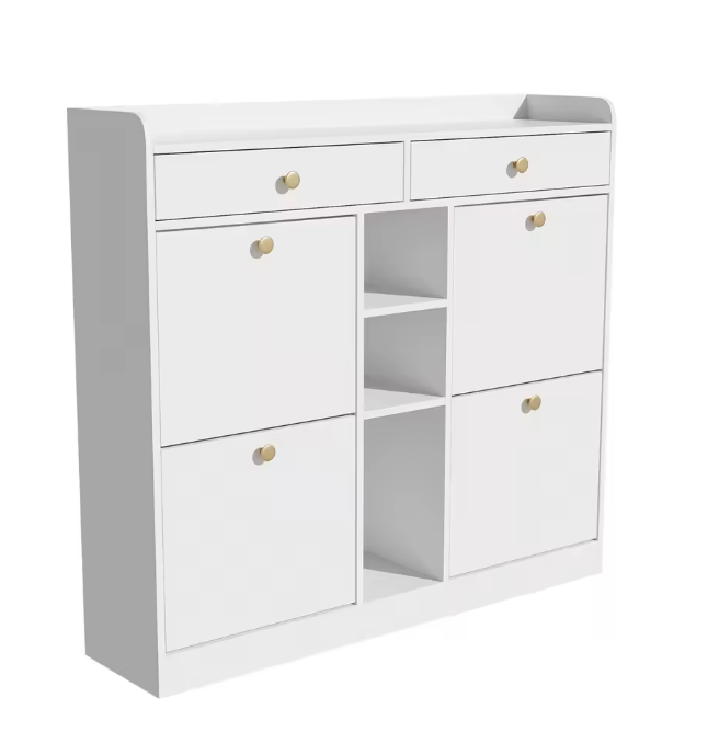 Moderne Schoenenkast 110×26×100 cm – Met 4 Deuren, 2 Lades en 3 Open Vakken