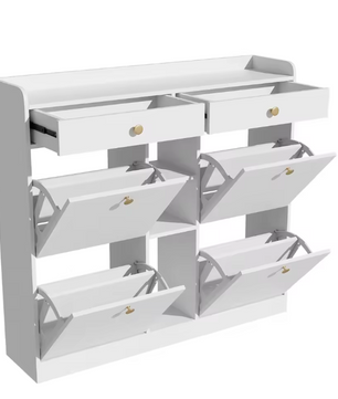 Moderne Schoenenkast 110×26×100 cm – Met 4 Deuren, 2 Lades en 3 Open Vakken