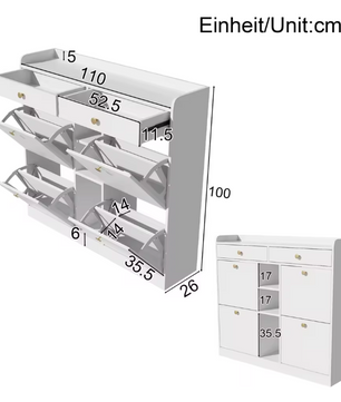 Moderne Schoenenkast 110×26×100 cm – Met 4 Deuren, 2 Lades en 3 Open Vakken