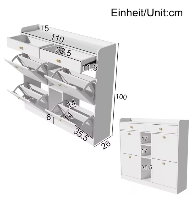 Moderne Schoenenkast 110×26×100 cm – Met 4 Deuren, 2 Lades en 3 Open Vakken