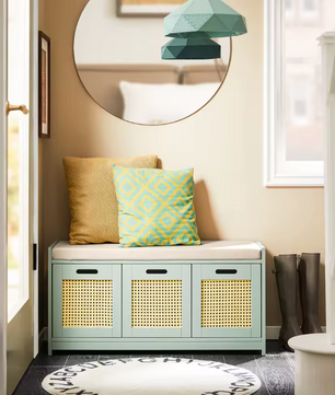 Schoenenbank met Opbergruimte – Smal Groen Schoenenrek met 2 Deuren en Mand