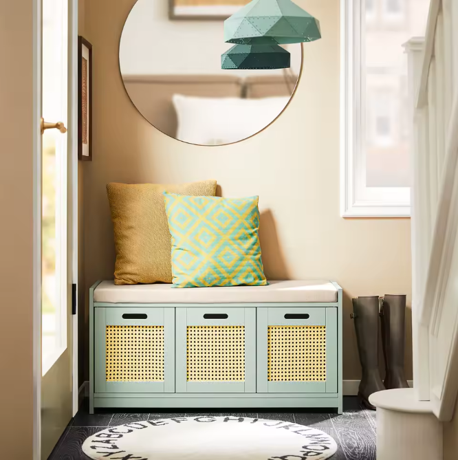 Schoenenbank met Opbergruimte – Smal Groen Schoenenrek met 2 Deuren en Mand