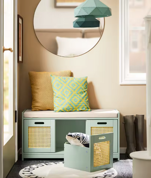 Schoenenbank met Opbergruimte – Smal Groen Schoenenrek met 2 Deuren en Mand