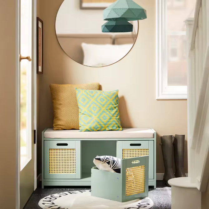 Schoenenbank met Opbergruimte – Smal Groen Schoenenrek met 2 Deuren en Mand