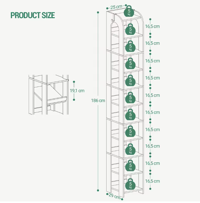 11-Laags Verticaal Schoenenrek – Smalle Houten Schoenenorganizer voor Kleine Ruimtes