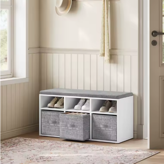 Schoenenbank met 6 Vakken – Opbergbank met Verstelbare Planken en Kussen