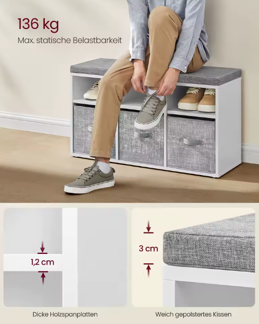 Schoenenbank met 6 Vakken – Opbergbank met Verstelbare Planken en Kussen