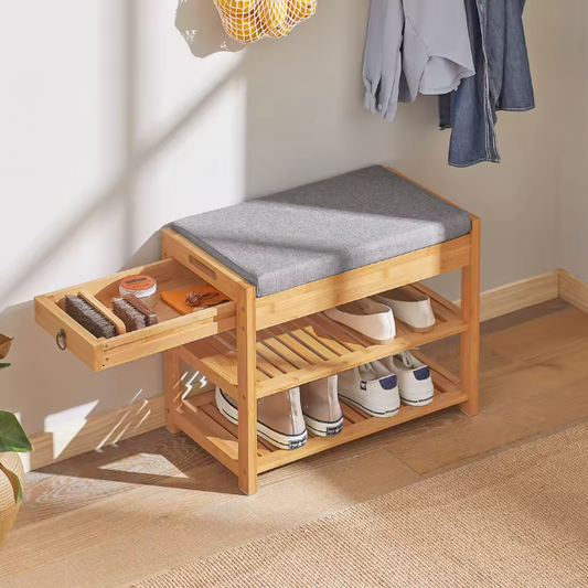 Bamboe Schoenenbank met Zitkussen en Lade – Compact Schoenenrek