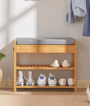 Bamboe Schoenenbank met Zitkussen en Lade – Compact Schoenenrek