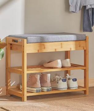 Bamboe Schoenenbank met Zitkussen en Lade – Compact Schoenenrek