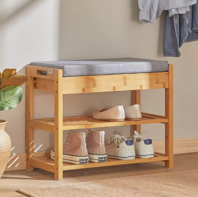 Bamboe Schoenenbank met Zitkussen en Lade – Compact Schoenenrek
