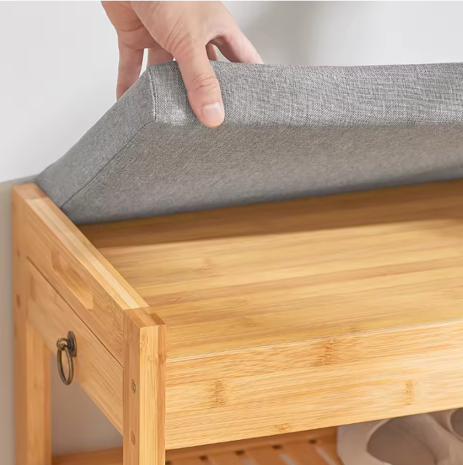 Bamboe Schoenenbank met Zitkussen en Lade – Compact Schoenenrek