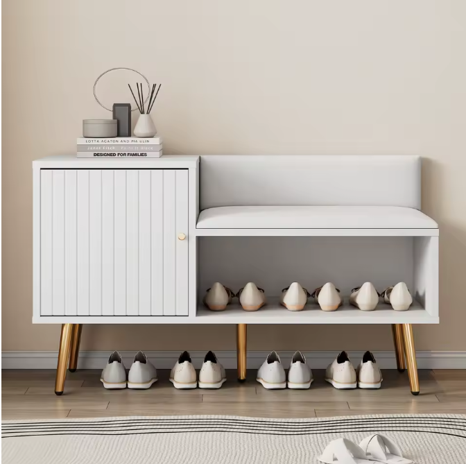 Schoenenbank met Rugleuning – Gewatteerde Zitbank en Opbergruimte, Wit