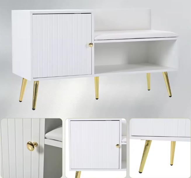 Schoenenbank met Rugleuning – Gewatteerde Zitbank en Opbergruimte, Wit