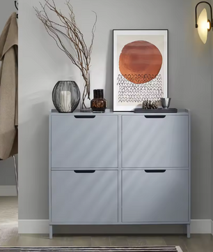 Smalle Schoenenkast met 4 Kleppen – 8-Vaks Schoenenrek, Wit MDF en Metaal