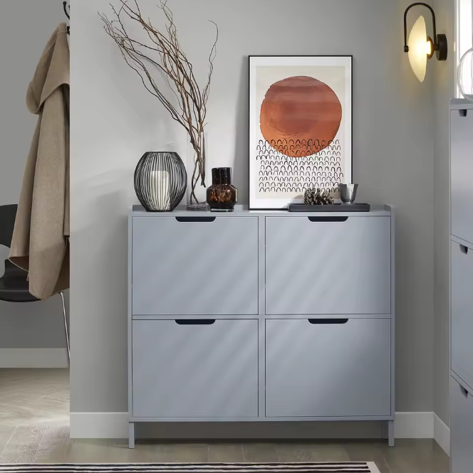 Smalle Schoenenkast met 4 Kleppen – 8-Vaks Schoenenrek, Wit MDF en Metaal