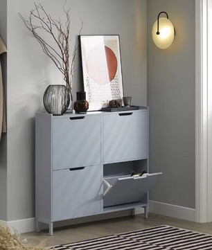 Smalle Schoenenkast met 4 Kleppen – 8-Vaks Schoenenrek, Wit MDF en Metaal