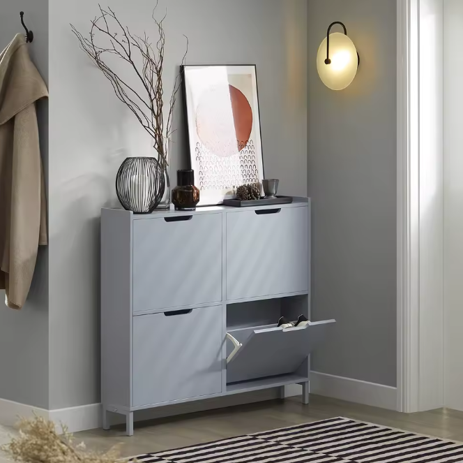 Smalle Schoenenkast met 4 Kleppen – 8-Vaks Schoenenrek, Wit MDF en Metaal