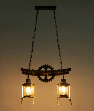 Vintage 2-Lichts Hanglamp – Houten Kroonluchter in Rustieke Stijl