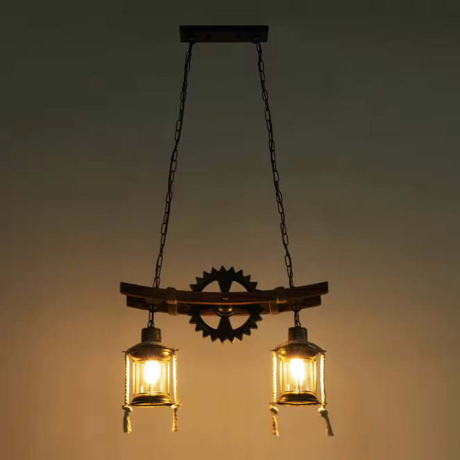 Vintage 2-Lichts Hanglamp – Houten Kroonluchter in Rustieke Stijl