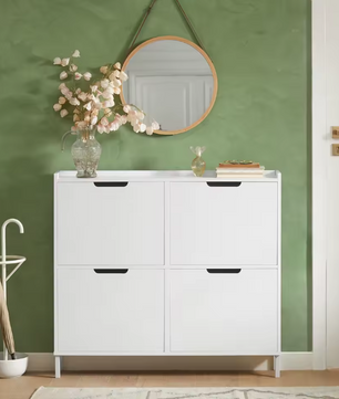 Smalle Schoenenkast met 4 Kleppen – 8-Vaks Schoenenrek, Wit MDF en Metaal