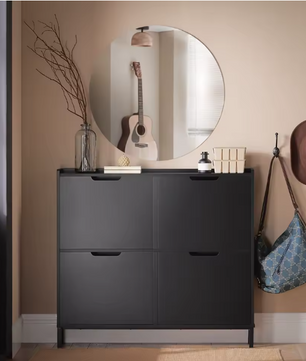 Smalle Schoenenkast met 4 Kleppen – 8-Vaks Schoenenrek, Wit MDF en Metaal