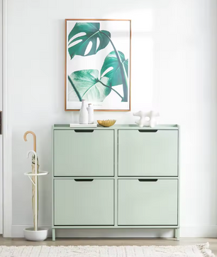 Smalle Schoenenkast met 4 Kleppen – 8-Vaks Schoenenrek, Wit MDF en Metaal