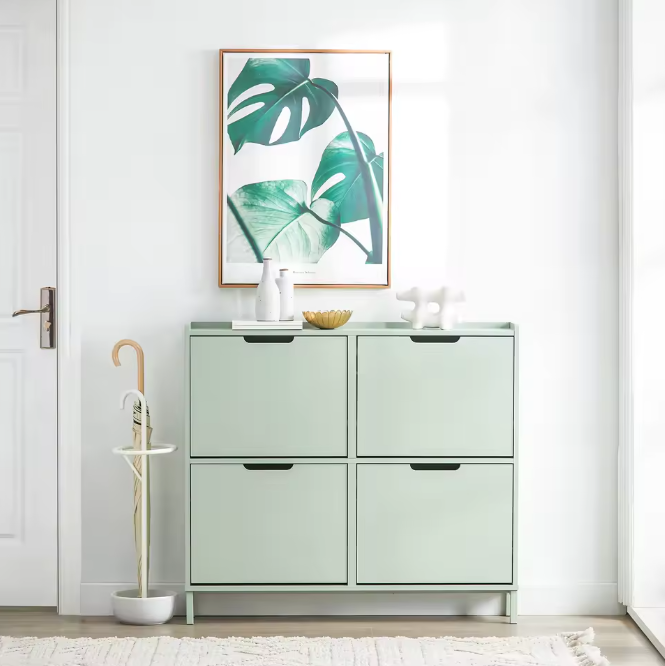 Smalle Schoenenkast met 4 Kleppen – 8-Vaks Schoenenrek, Wit MDF en Metaal