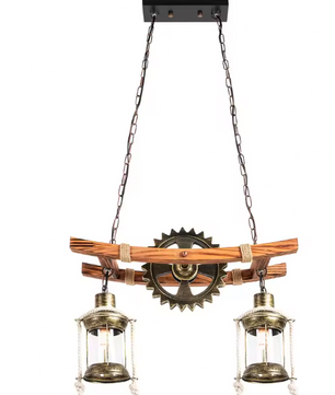 Vintage 2-Lichts Hanglamp – Houten Kroonluchter in Rustieke Stijl