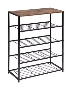 Schoenenrek met Zitting – 4-Laags Metalen en Houten Schoenenbank