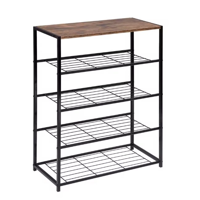 Schoenenrek met Zitting – 4-Laags Metalen en Houten Schoenenbank