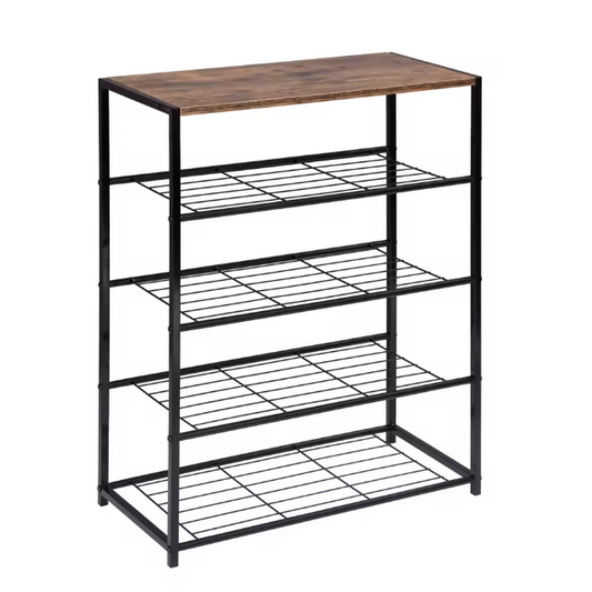 Schoenenrek met Zitting – 4-Laags Metalen en Houten Schoenenbank