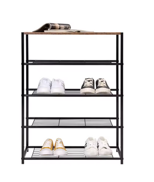 Schoenenrek met Zitting – 4-Laags Metalen en Houten Schoenenbank