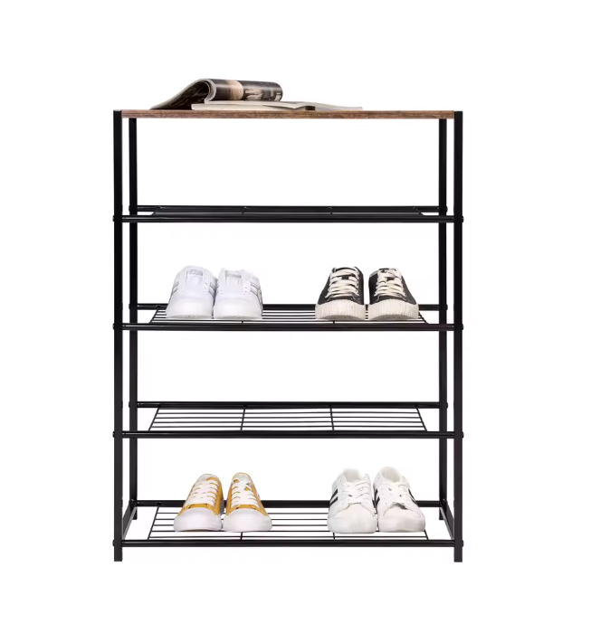 Schoenenrek met Zitting – 4-Laags Metalen en Houten Schoenenbank