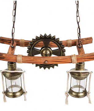 Vintage 2-Lichts Hanglamp – Houten Kroonluchter in Rustieke Stijl