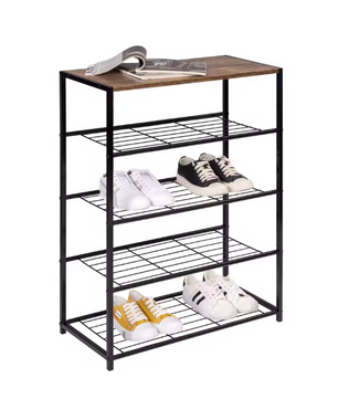 Schoenenrek met Zitting – 4-Laags Metalen en Houten Schoenenbank