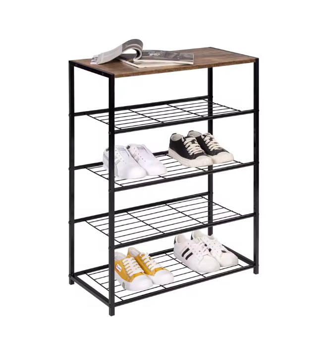 Schoenenrek met Zitting – 4-Laags Metalen en Houten Schoenenbank