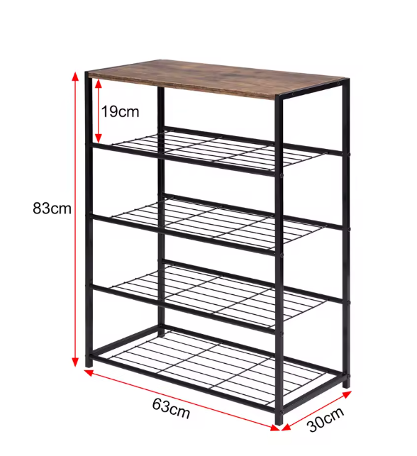 Schoenenrek met Zitting – 4-Laags Metalen en Houten Schoenenbank