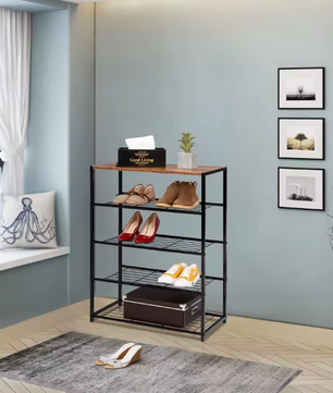 Schoenenrek met Zitting – 4-Laags Metalen en Houten Schoenenbank