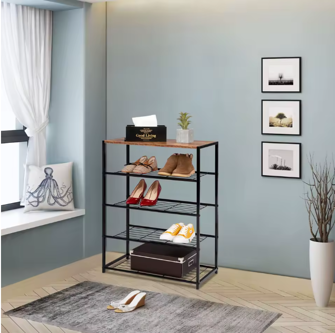 Schoenenrek met Zitting – 4-Laags Metalen en Houten Schoenenbank
